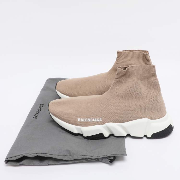 Pre Owned Balenciaga Light Brown Knit Fabric Speed Trainer Sneakers Size 39