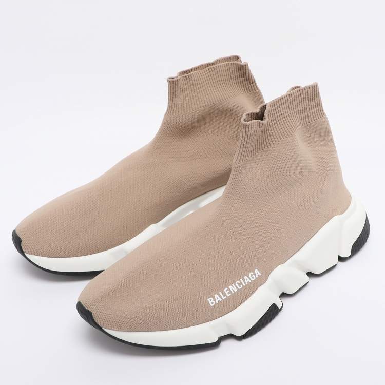 Pre Owned Balenciaga Light Brown Knit Fabric Speed Trainer Sneakers Size 39