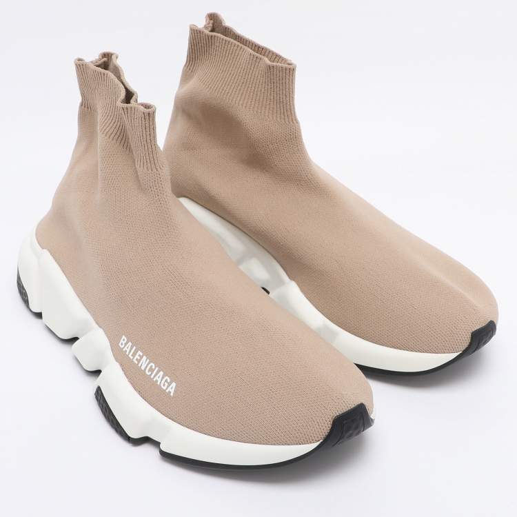 Pre Owned Balenciaga Light Brown Knit Fabric Speed Trainer Sneakers Size 39