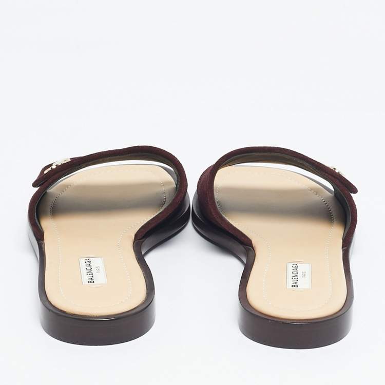 Pre Owned Balenciaga Burgundy Suede Studded Slide Flats Size 39