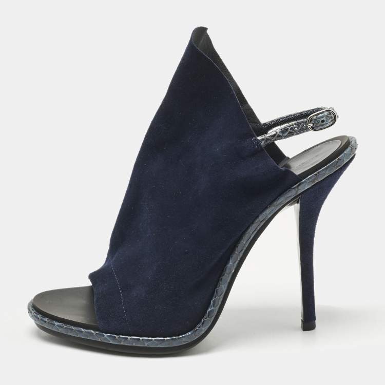 Pre Owned Balenciaga Navy Blue Suede and Python Open Toe Glove Slingback Sandals Size 39.5