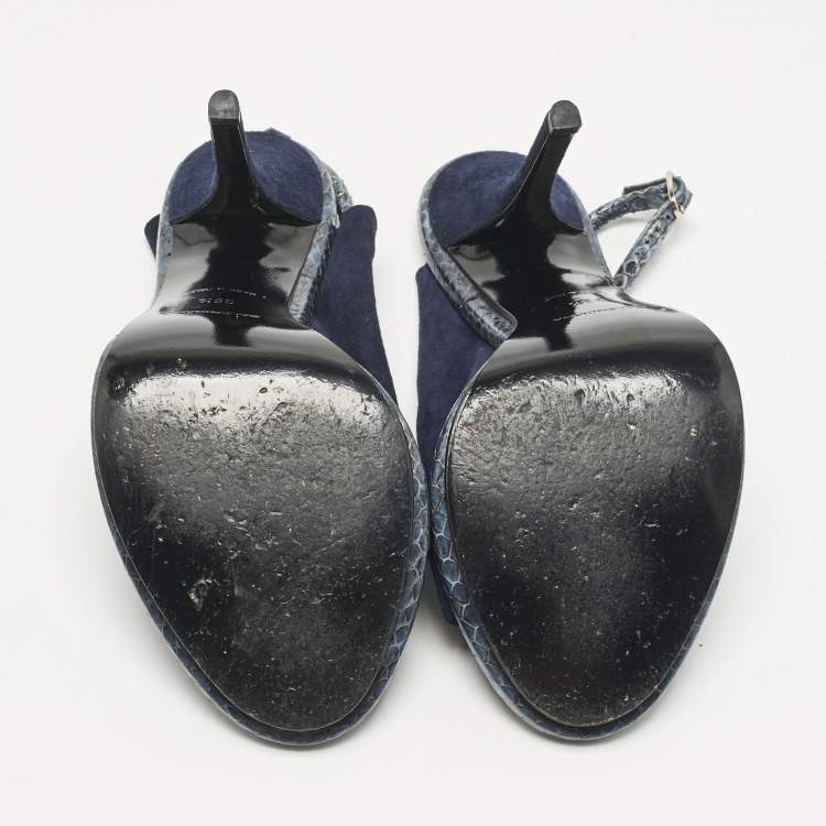 Pre Owned Balenciaga Navy Blue Suede and Python Open Toe Glove Slingback Sandals Size 39.5