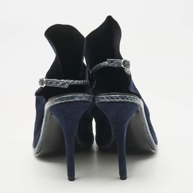 Pre Owned Balenciaga Navy Blue Suede and Python Open Toe Glove Slingback Sandals Size 39.5