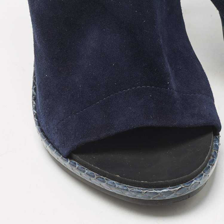 Pre Owned Balenciaga Navy Blue Suede and Python Open Toe Glove Slingback Sandals Size 39.5