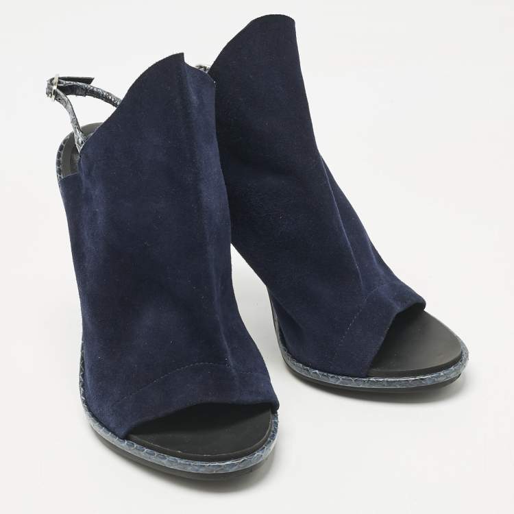 Pre Owned Balenciaga Navy Blue Suede and Python Open Toe Glove Slingback Sandals Size 39.5