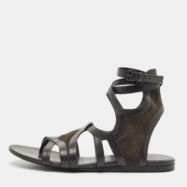 Pre Owned Balenciaga Green Leather and Suede Strappy Flat Sandals Size 40