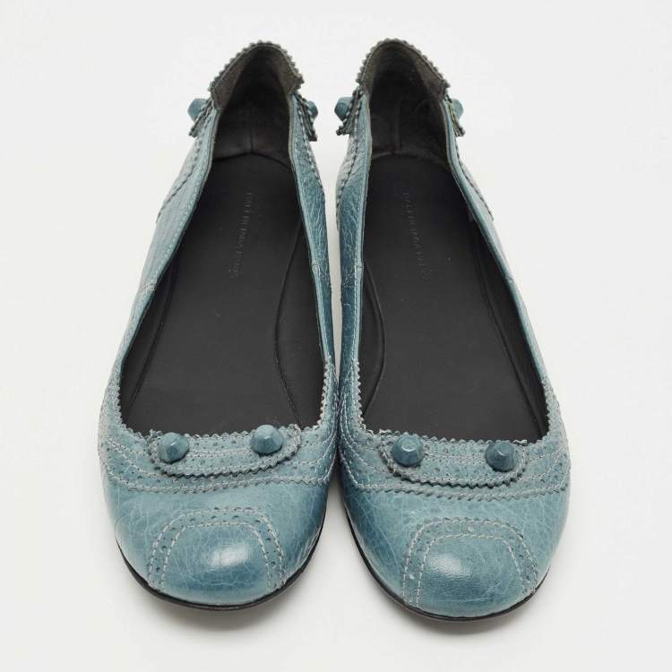 Pre Owned  Balenciaga Blue Brogue Leather Arena Studded Ballet Flats Size 39.5