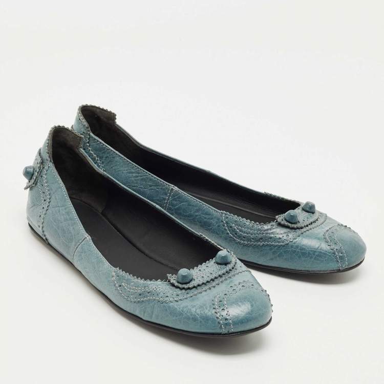 Pre Owned  Balenciaga Blue Brogue Leather Arena Studded Ballet Flats Size 39.5