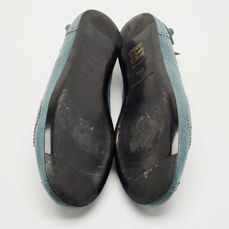 Pre Owned  Balenciaga Blue Brogue Leather Arena Studded Ballet Flats Size 39.5