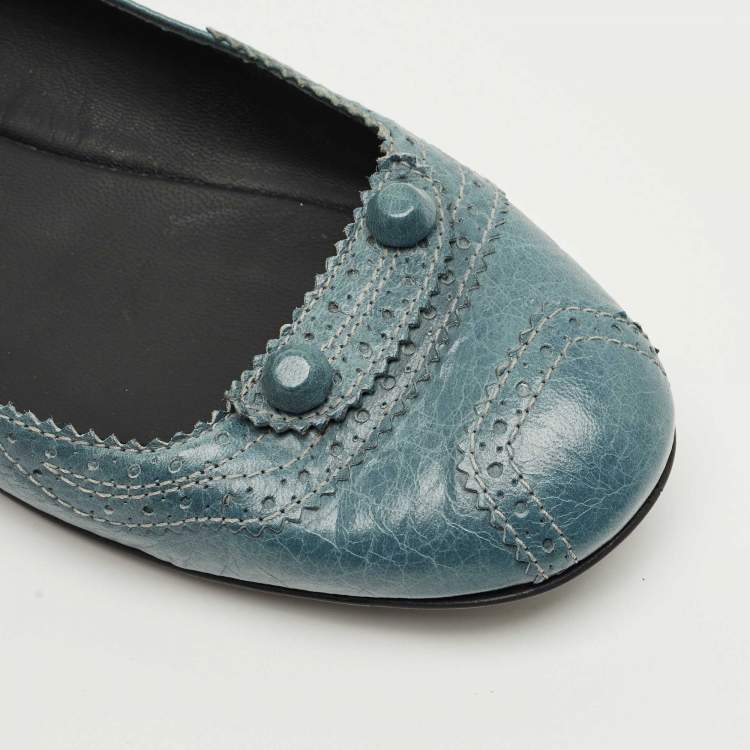 Pre Owned  Balenciaga Blue Brogue Leather Arena Studded Ballet Flats Size 39.5
