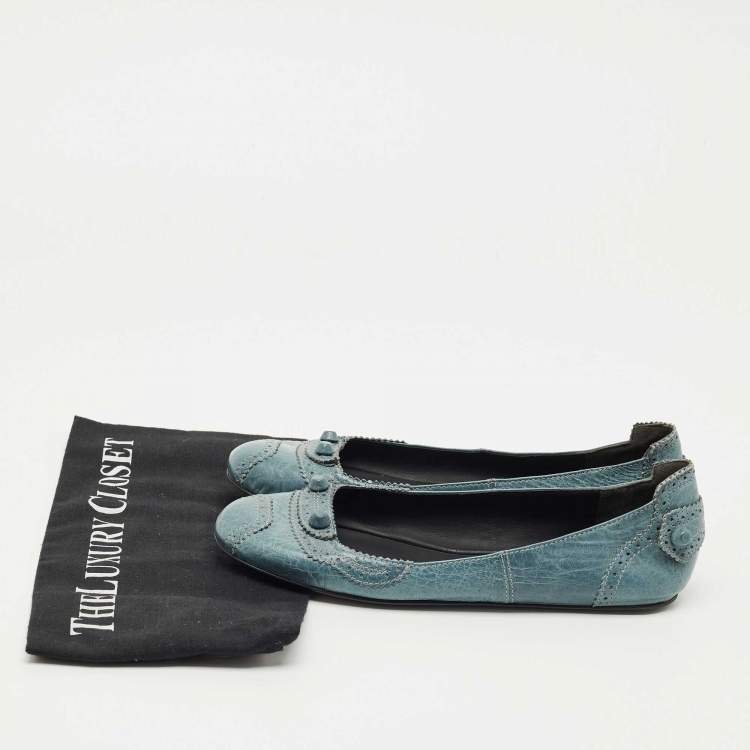 Pre Owned  Balenciaga Blue Brogue Leather Arena Studded Ballet Flats Size 39.5