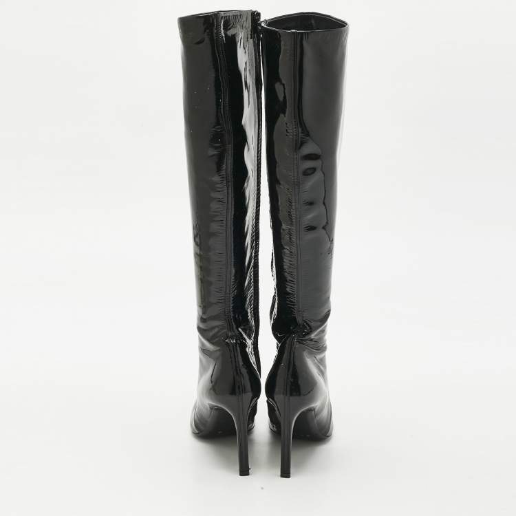 Pre Owned Balenciaga Black Patent Leather Bow Details Knee Length Boots Size 36