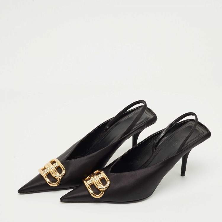 Pre Owned Balenciaga Black Satin Knife BB Slingback Pumps Size 36.5