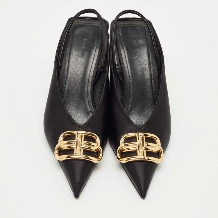 Pre Owned Balenciaga Black Satin Knife BB Slingback Pumps Size 36.5