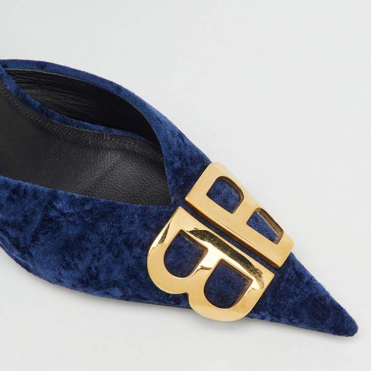 Pre Owned Balenciaga Navy Blue Velvet BB Logo Knife Mules Size 37.5