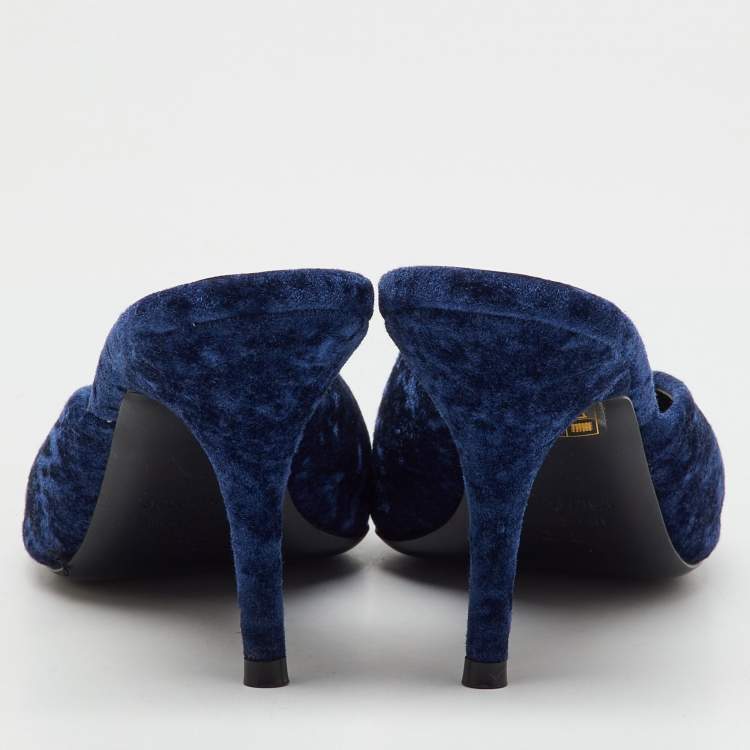 Pre Owned Balenciaga Navy Blue Velvet BB Logo Knife Mules Size 37.5
