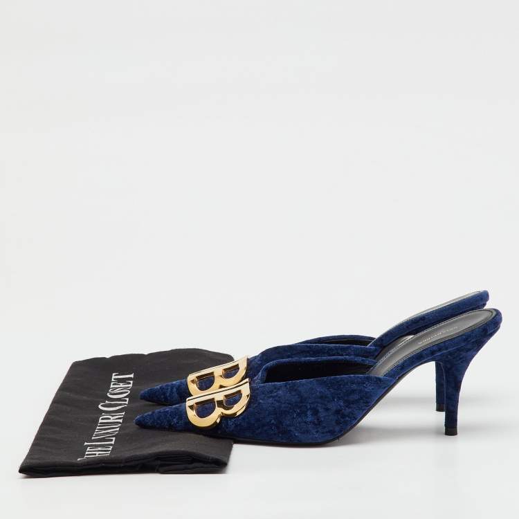 Pre Owned Balenciaga Navy Blue Velvet BB Logo Knife Mules Size 37.5