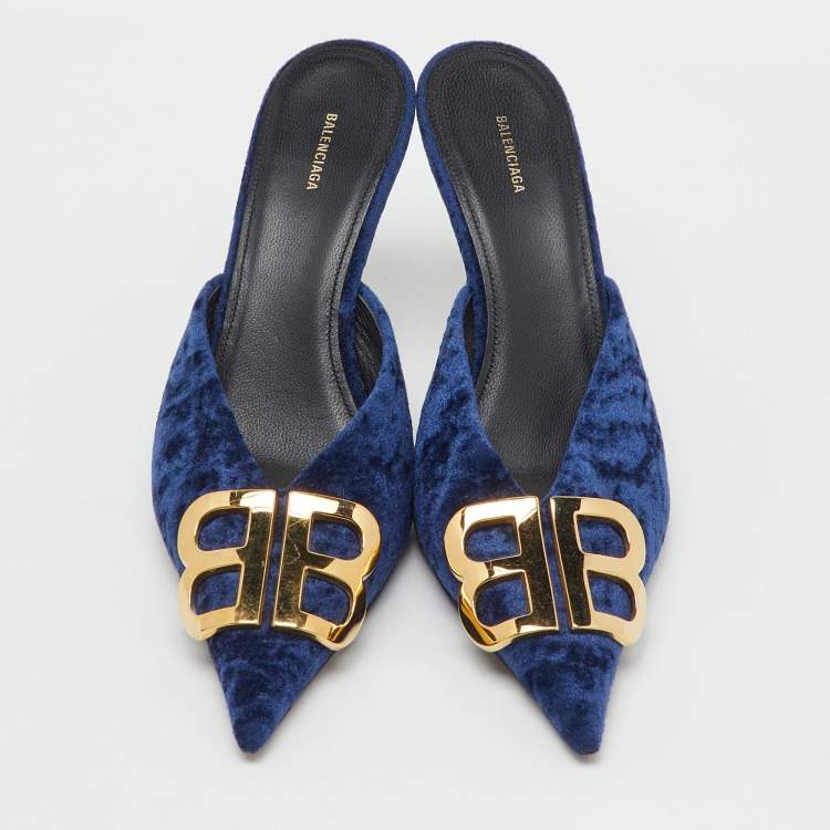 Pre Owned Balenciaga Navy Blue Velvet BB Logo Knife Mules Size 37.5