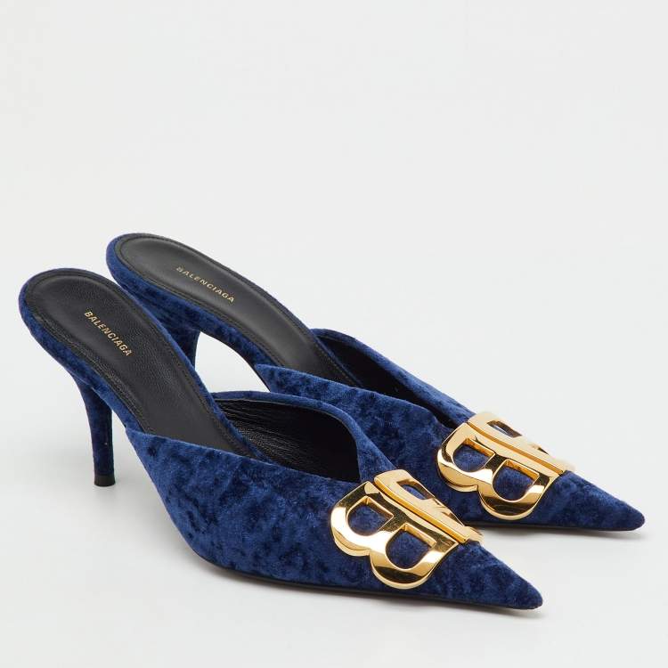 Pre Owned Balenciaga Navy Blue Velvet BB Logo Knife Mules Size 37.5