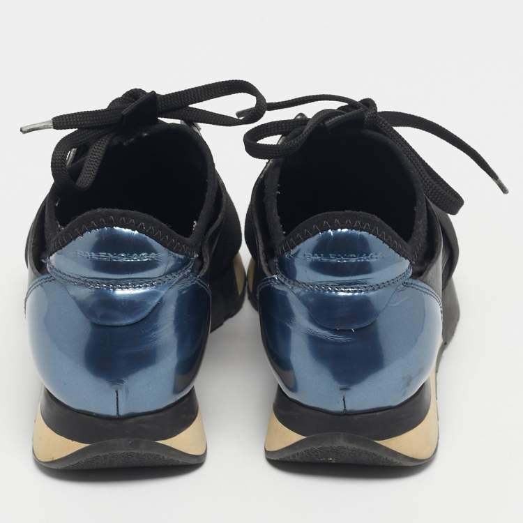 مملوكة مسبقًا Balenciaga Black/Blue Mesh and Leather Race Runner Low Top Sneakers Size 36