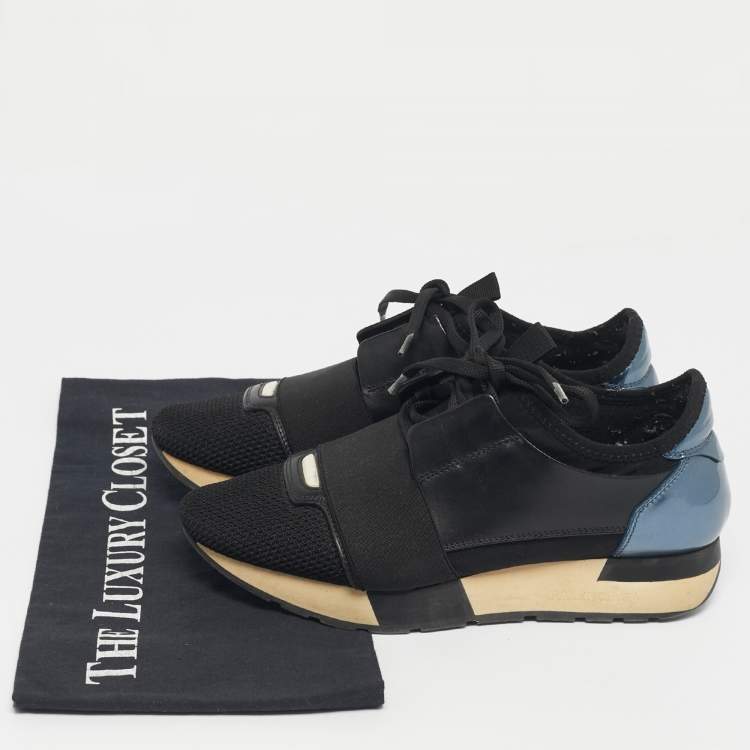 مملوكة مسبقًا Balenciaga Black/Blue Mesh and Leather Race Runner Low Top Sneakers Size 36