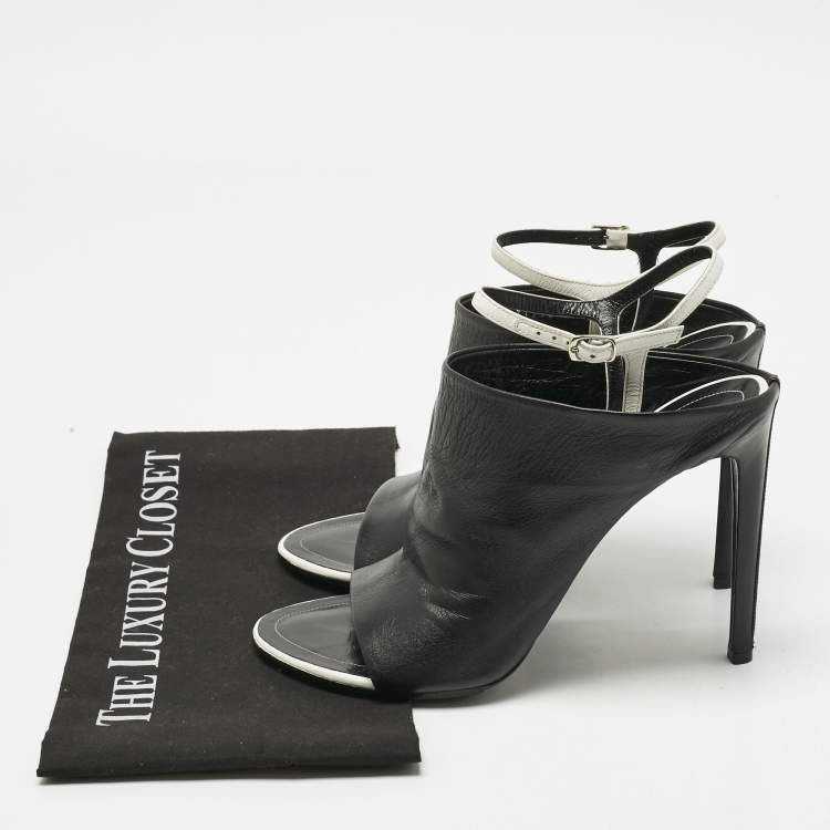 Pre Owned Balenciaga Black/White Leather Glove Ankle Strap Open Toe Mules Size 40.5