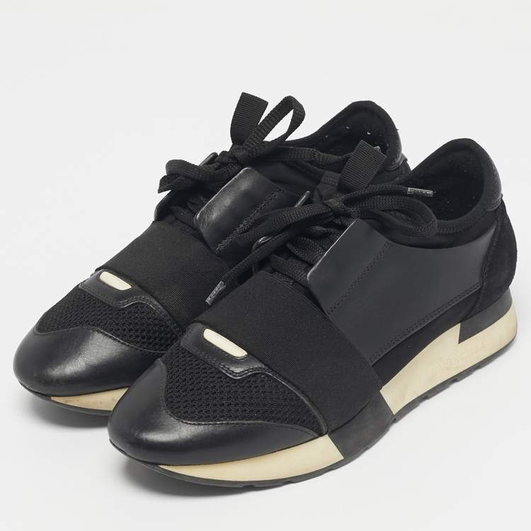 Pre Owned Balenciaga Black Leather and Mesh Race Runner Sneakers Size 37