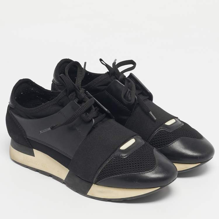 Pre Owned Balenciaga Black Leather and Mesh Race Runner Sneakers Size 37