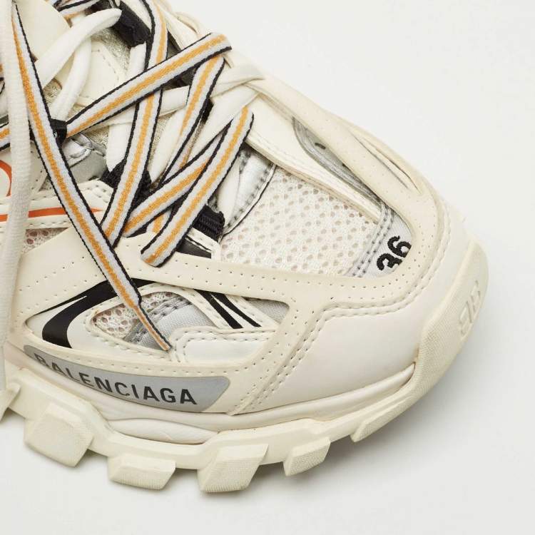 Pre Owned Balenciaga White/Orange Mesh and Faux Leather Track Low Top Sneakers Size 36