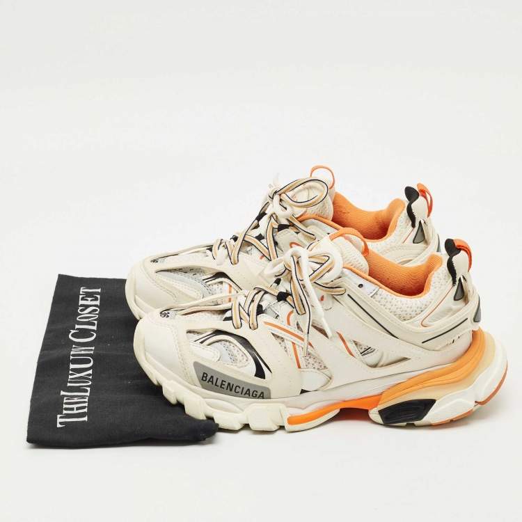 Pre Owned Balenciaga White/Orange Mesh and Faux Leather Track Low Top Sneakers Size 36