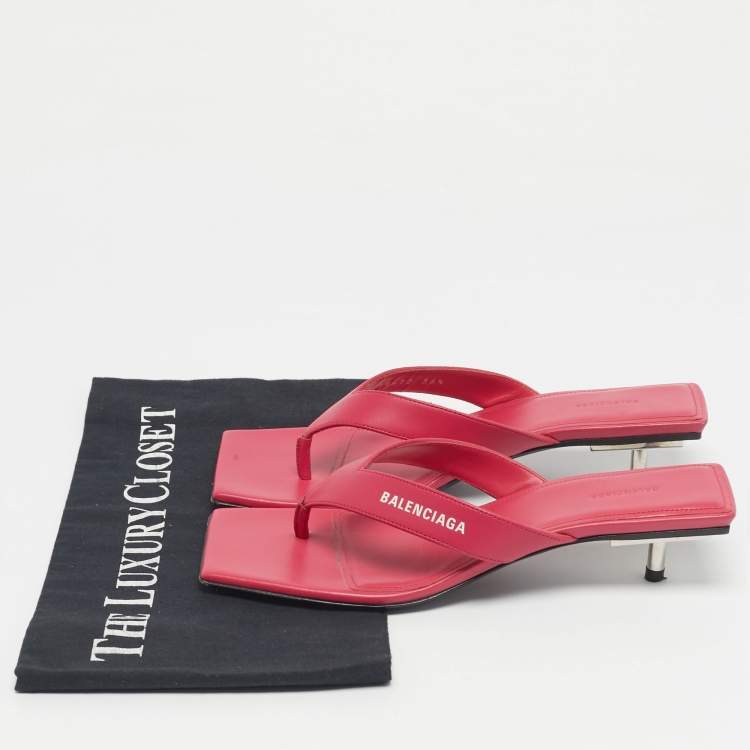 Pre Owned Balenciaga Pink Leather Thong Square Slide Sandals Size 36.5