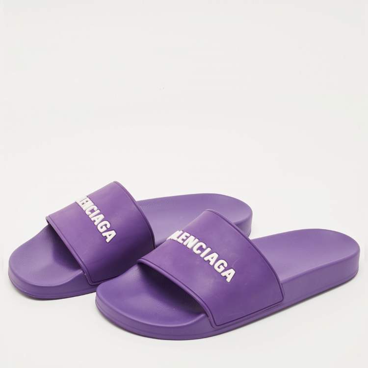 Pre Owned Balenciaga Purple/White Rubber Logo Pool Slides Size 42