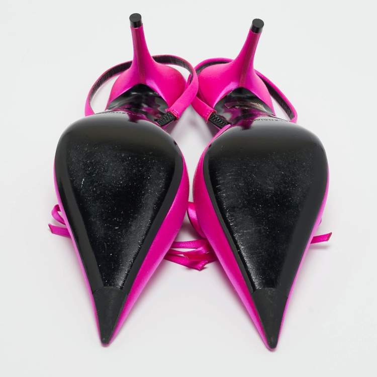 Pre Owned Balenciaga Fuchsia Satin Knife Bow Slingback Pumps Size 36