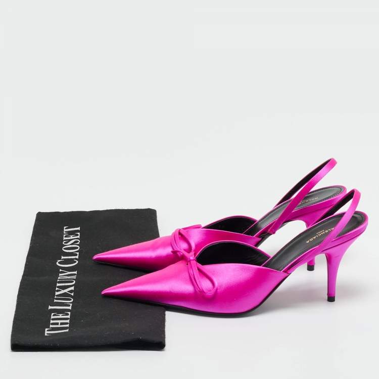 Pre Owned Balenciaga Fuchsia Satin Knife Bow Slingback Pumps Size 36