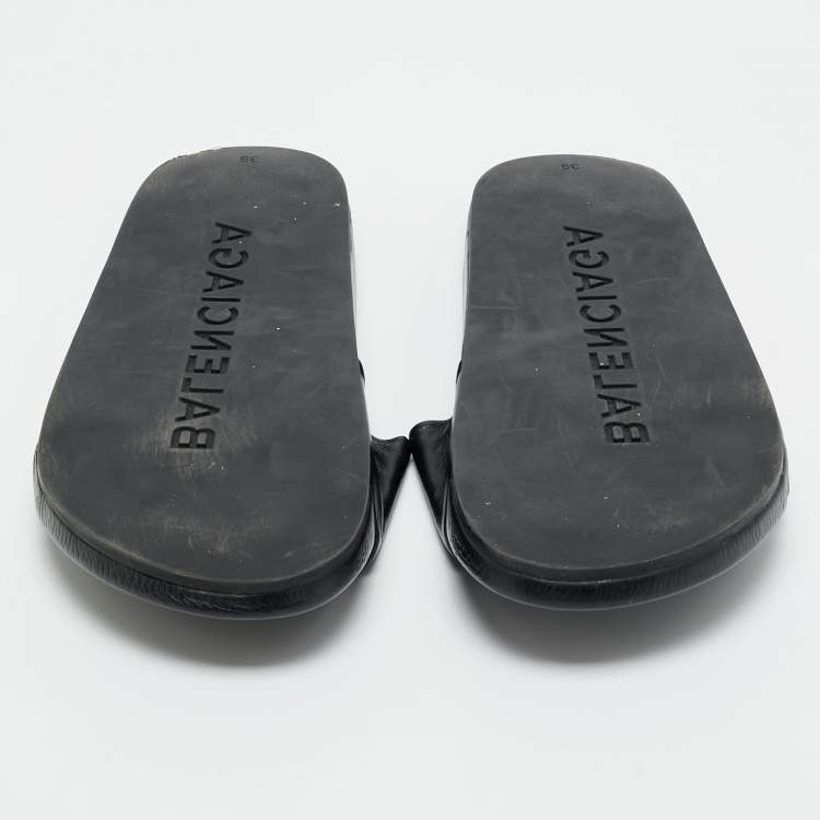 Pre Owned Balenciaga Black Logo Stamped Leather Slide Sandals Size 39