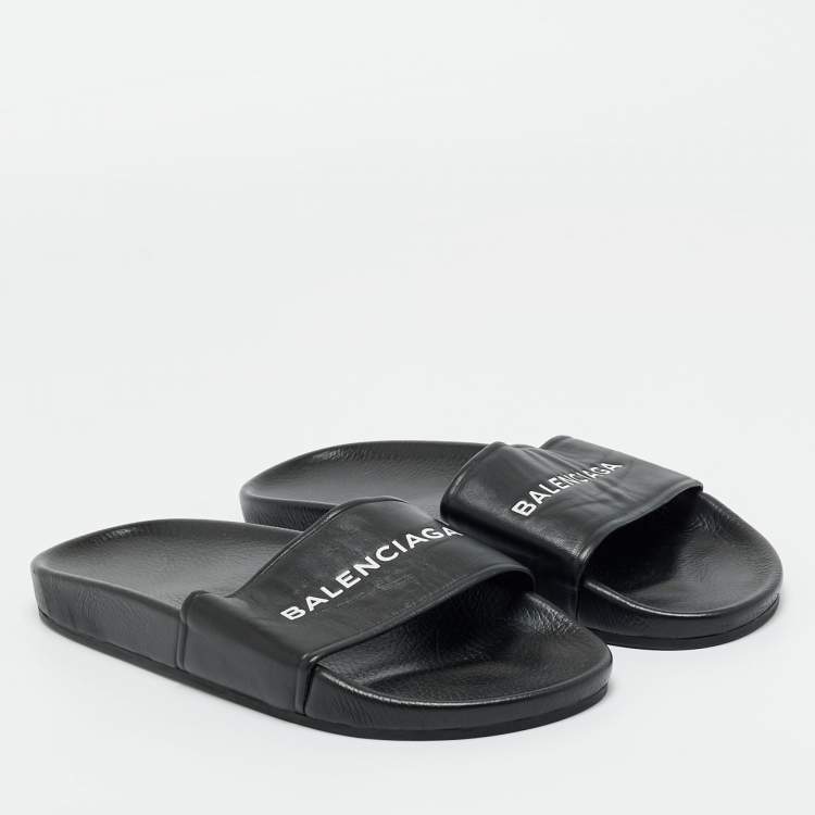 Pre Owned Balenciaga Black Logo Stamped Leather Slide Sandals Size 39