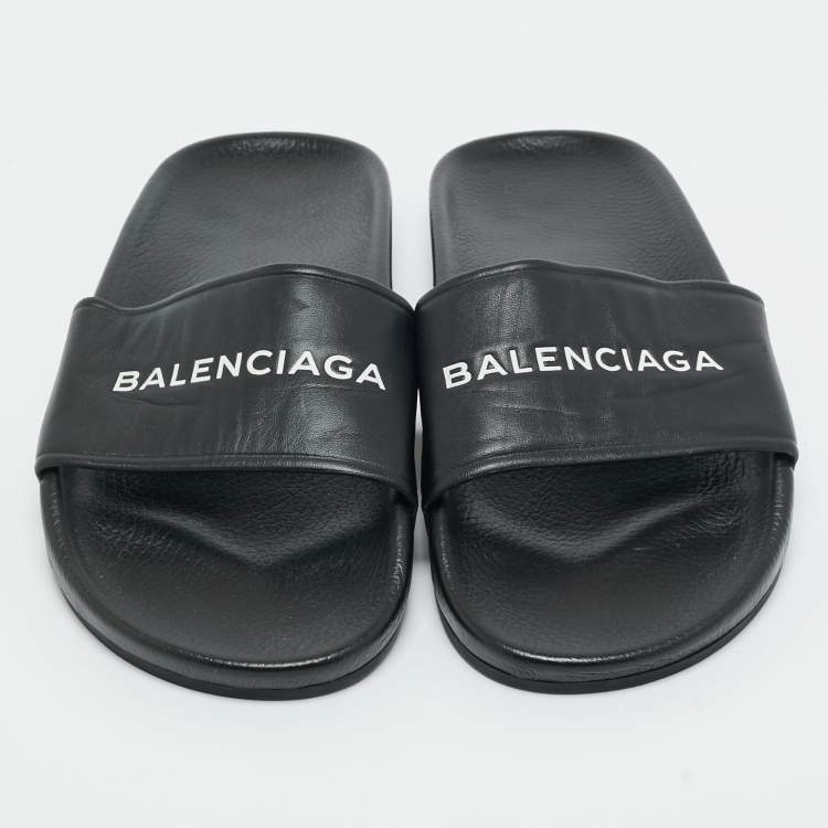 Pre Owned Balenciaga Black Logo Stamped Leather Slide Sandals Size 39
