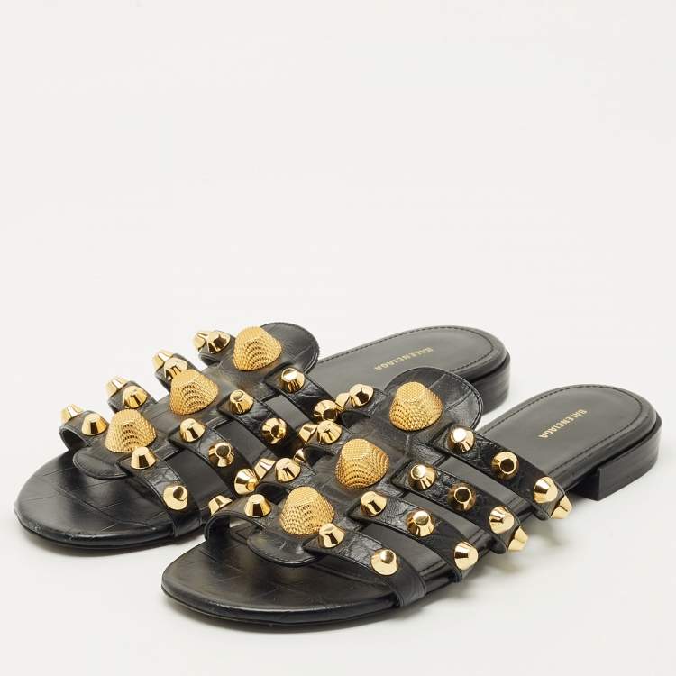 Pre Owned Balenciaga Black Leather Studded Arena Flat Slides Size 38