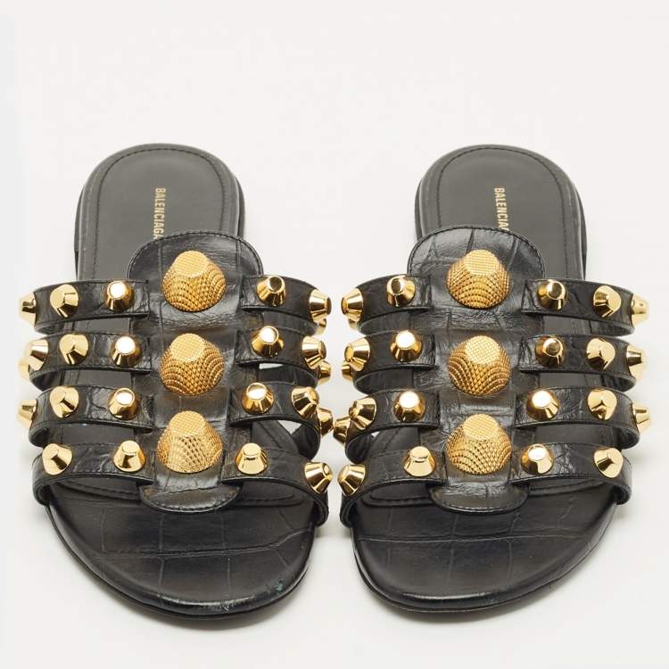 Pre Owned Balenciaga Black Leather Studded Arena Flat Slides Size 38
