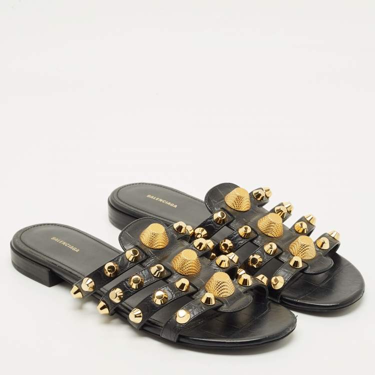 Pre Owned Balenciaga Black Leather Studded Arena Flat Slides Size 38