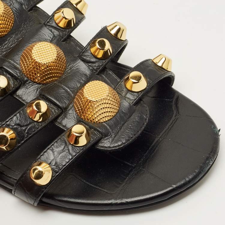 Pre Owned Balenciaga Black Leather Studded Arena Flat Slides Size 38