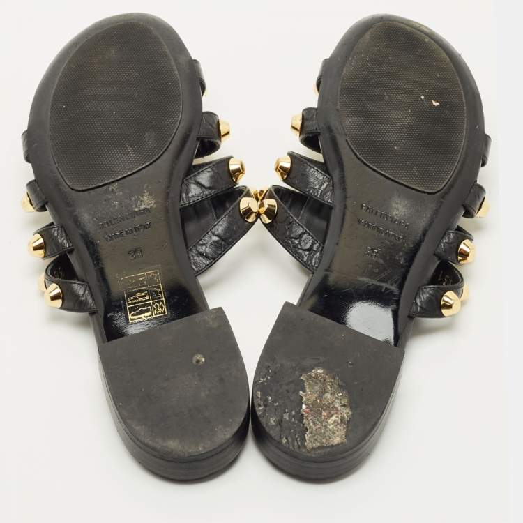 Pre Owned Balenciaga Black Leather Studded Arena Flat Slides Size 38
