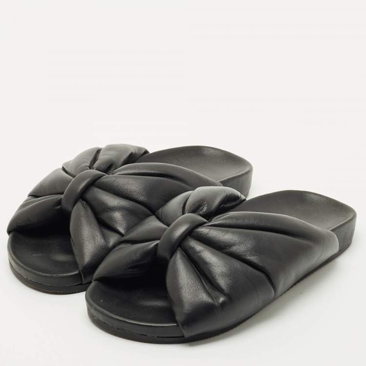 Pre Owned Balenciaga Black Leather Drapy Flat Slide Size 37