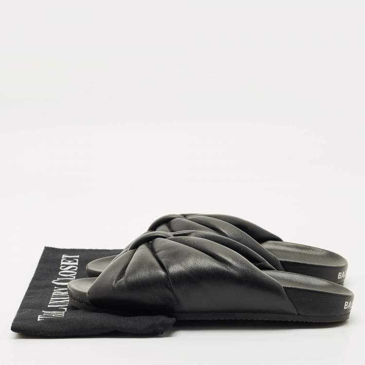 Pre Owned Balenciaga Black Leather Drapy Flat Slide Size 37
