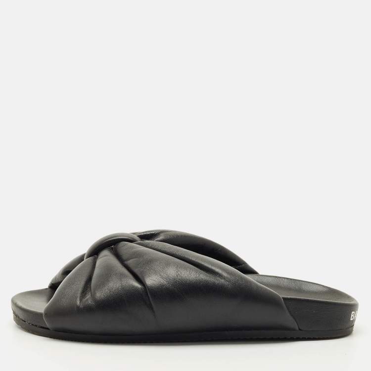 Pre Owned Balenciaga Black Leather Drapy Flat Slide Size 37