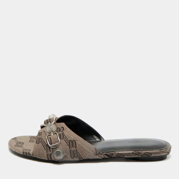Pre Owned Balenciaga Brown BB Print Canvas Cagole Flat Slides Size 37