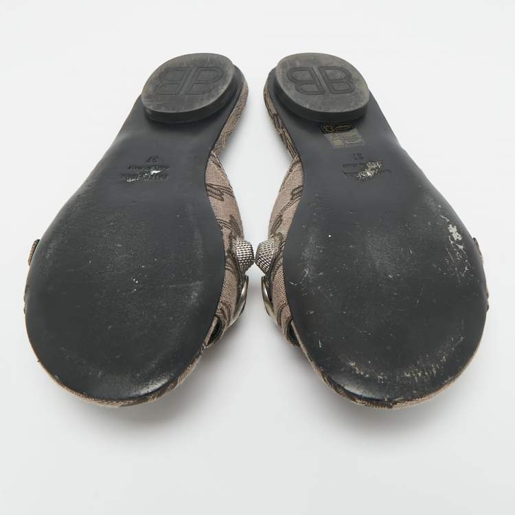 Pre Owned Balenciaga Brown BB Print Canvas Cagole Flat Slides Size 37