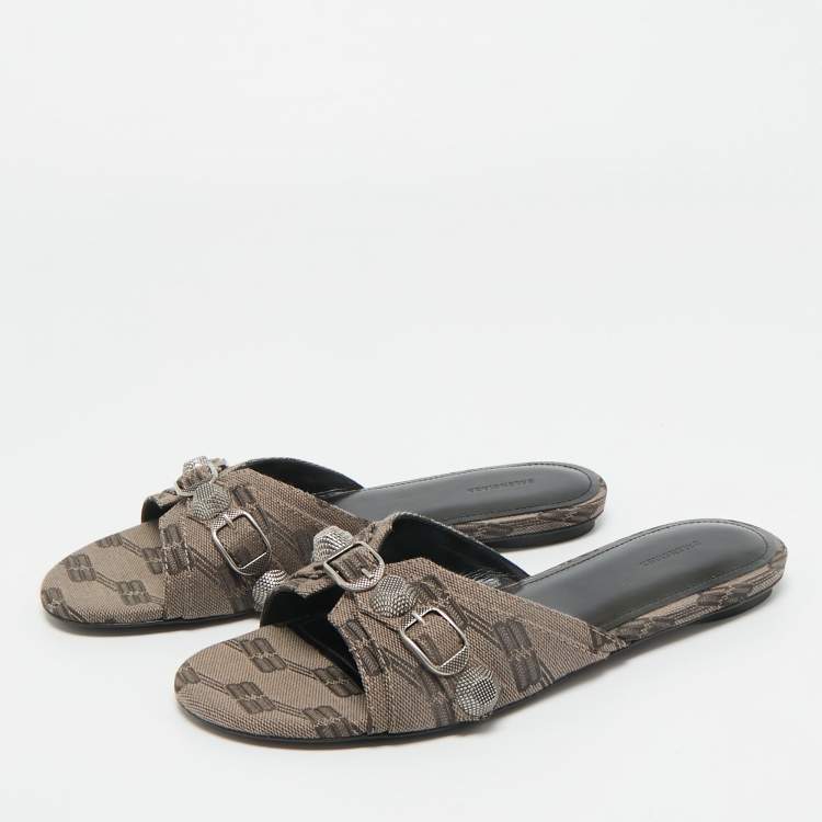 Pre Owned Balenciaga Brown BB Print Canvas Cagole Flat Slides Size 37
