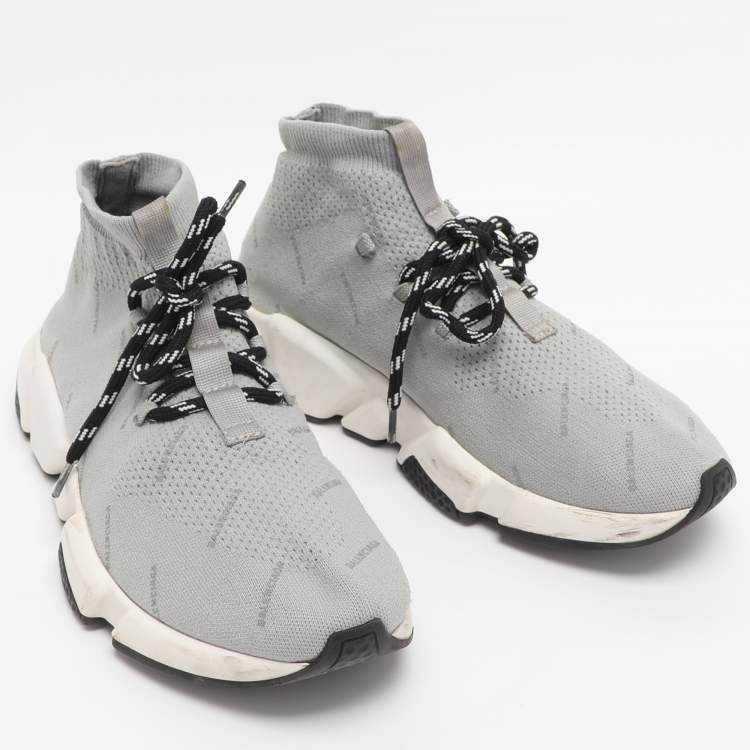 Pre Owned Balenciaga Grey Knit Fabric Speed Trainer Lace Up Sneakers Size 40