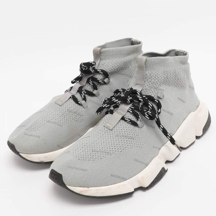 Pre Owned Balenciaga Grey Knit Fabric Speed Trainer Lace Up Sneakers Size 40